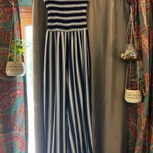 Rouched strapless topped, navy and white striped jumpsuit, size XL.